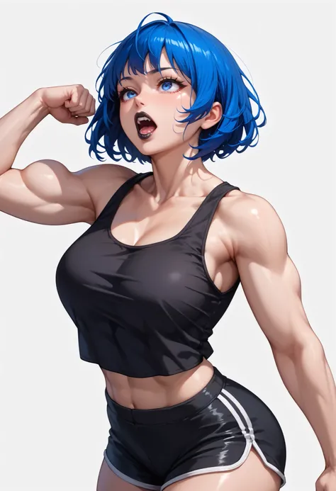 source_anime ,((White background)) White skin ((japan woman)) ((1girl)) , (solo girl) ,30 years old, rathing_questionable , Sharp long face (beautiful face:1.2), detailed eyes, (blue eyes), (Short straight blue hair:1.3) (Black tank top crop top :1.4) , (b...