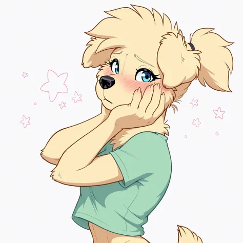 masterpiece, best quality, amazing quality, anthro golden retriever, 1girl, solo, simple background, pastel colours, wind, spring, stars, young, eyelashes, blue eyes, fur, small breasts, shy, blushing, looking at viewer, very short hair, fluffy neck, fluff...