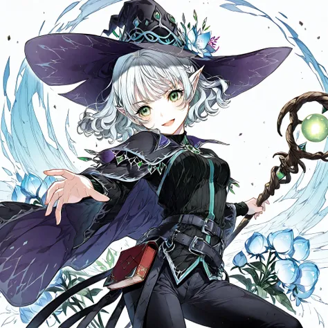 Solo,￼￼ elf, female, silver hair, short hair, medium cut, curly hair, green eyes,slender, flower shop penta witch's pointed hat, frozen flower penta wizard costume, pants, fair skin, annoyance, raise right hand, belt, waste set red book, cool emotion, cool...