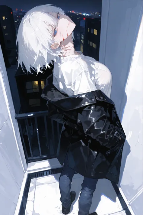 back view, white_hair, large_breast, Put your hands in your coat pockets, white shirt, full body, blue pants, leather coat, Just turn your head back, blue_eyes, , Doesn't look like an AI painting, Naturally and not strangely, night_city_background, express...