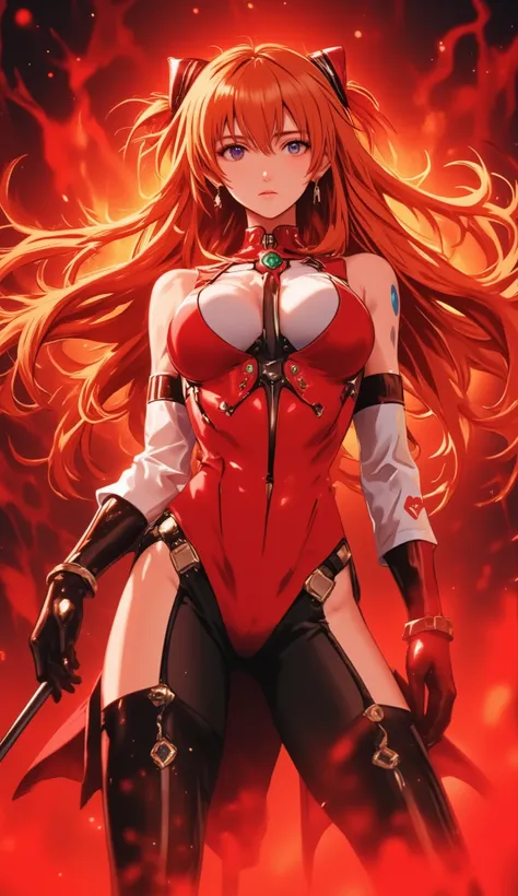 ((Evangelion, Asuka Langley)),1 girl,solo,red background,Cowboy Shots, ,,, score_9,score_8_up,score_7_up,,8k,1 girl to improve Sa,solo,