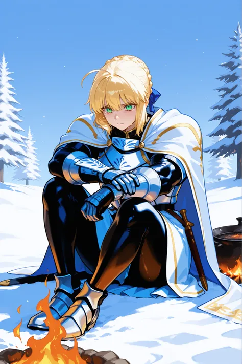 (masterpiece), best quality, expressive eyes, perfect face, blond hair, blue yellowish eyes, latex gloves, white capes, black leggings, light armor, skirts, iron shoes, knight woman, pale skin, yandere, leda hair ribbon, ribbon, braid, single hair bun, bra...