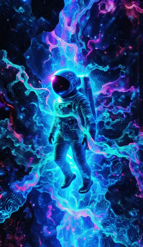 A mysterious astronaut sinking slowly into a glowing, magical psychedelic ocean under a starry sky, surrounded by ethereal light trails and floating ancient runes, his cracked helmet leaking stardust, galaxies reflected in the water, surreal atmosphere mix...