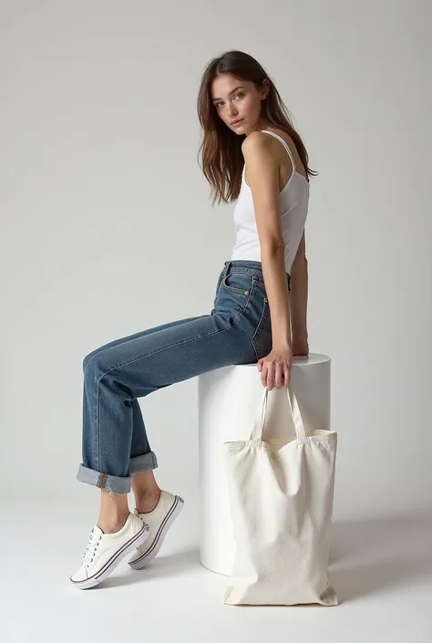 a beautiful thin Russian woman sitting on a low white block, wearing jeans of course and (((Vans® sneakers))), holding one holding a white cloth bag, holding a raw cloth bag, square bag, Sustainable Materials , flat bag, holding an ecological bag, realist...