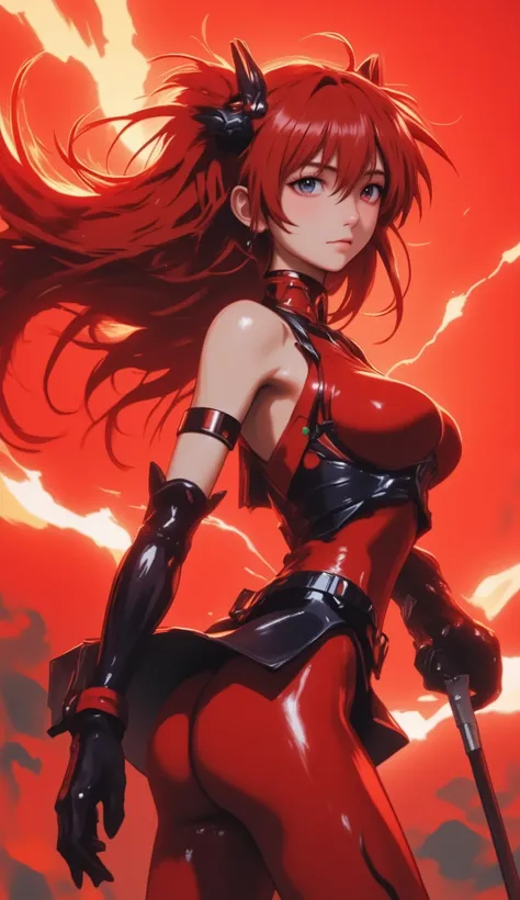 ((Evangelion, Asuka Langley)),1 girl,solo,red background,Cowboy Shots, ,,, score_9,score_8_up,score_7_up,,8k,1 girl to improve Sa,solo,