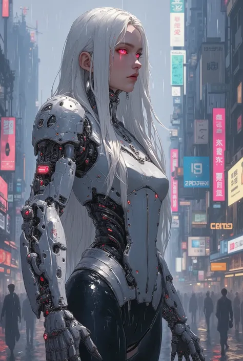 Create a futuristic setting with a female humanoid robot featuring a sleek, silver and black design. The robot has long, flowing hair that contrasts with its metallic body and glowing red eyes, exuding an aura of advanced technology. The large mechanical h...