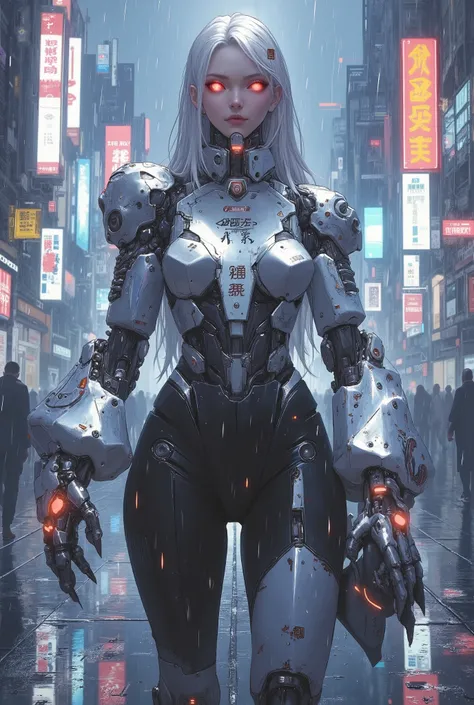 Create a futuristic setting with a female humanoid robot featuring a sleek, silver and black design. The robot has long, flowing hair that contrasts with its metallic body and glowing red eyes, exuding an aura of advanced technology. The large mechanical h...