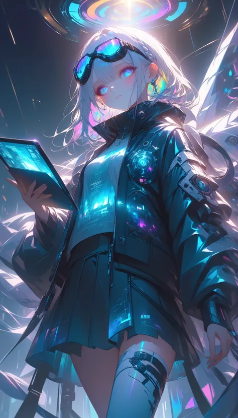 A futuristic woman wearing a high-tech, metallic windbreaker jacket with a holographic surface displaying digital content. The jacket functions like a flexible tablet, allowing touch-based interaction for reading news and online shopping. Underneath, she w...
