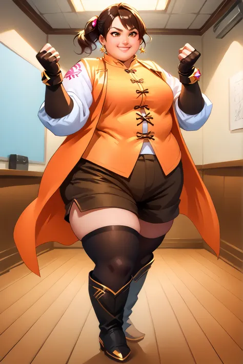 score_9, score_8_up, score_7_up, score_6_up, score_5_up, score_4_up , BREAK source_anime,anime screencap,anime_coloring,anime_lineart, smile, gloves, brown eyes, jewelry, earrings, shorts, thigh highs, boots, fingerless gloves, white shirt, smile, midriff,...