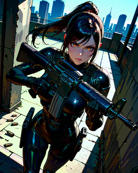 masterpiece, highest quality, 8k, solo, solo focus, (perfect face:1.1), (high detail:1.1), 1female, ninja, mercenary, (holstered sword:1.2, katana:1.2) jet black hair, long hair, side-swept bangs, ponytail hair, amber eyes, beautiful detailed eyes, double ...