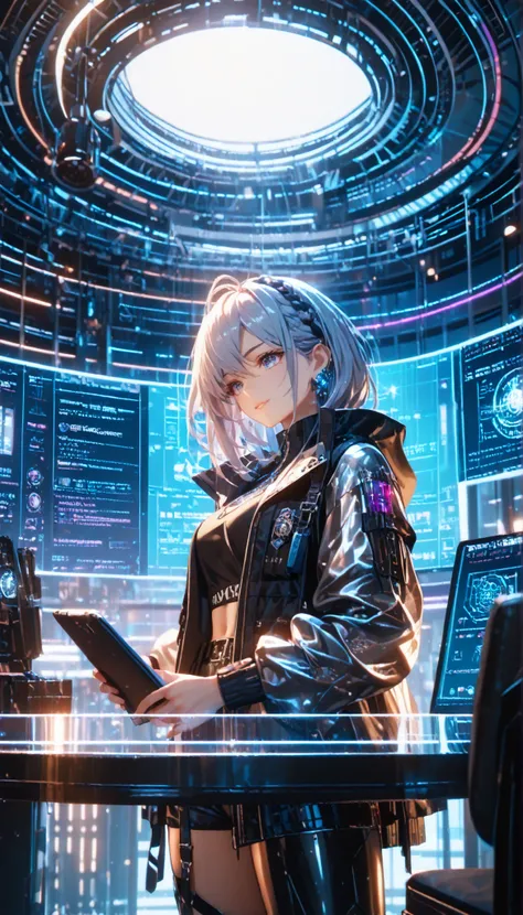 A futuristic woman wearing a high-tech, metallic windbreaker jacket with a holographic surface displaying digital content. The jacket functions like a flexible tablet, allowing touch-based interaction for reading news and online shopping. Underneath, she w...