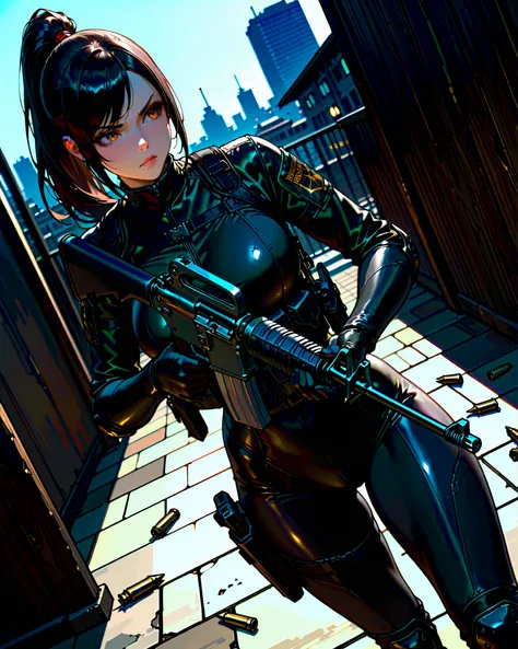 masterpiece, highest quality, 8k, solo, solo focus, (perfect face:1.1), (high detail:1.1), 1female, ninja, mercenary, (holstered sword:1.2, katana:1.2) jet black hair, long hair, side-swept bangs, ponytail hair, amber eyes, beautiful detailed eyes, double ...