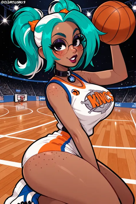 masterpiece, best quality, very aesthetic, absurdres, safe, (masterpiece), 1girl, solo, best quality, expressive eyes, perfect face, newest, perfect anatomy, flawless face, dark skinned African female with pigtails and glasses, multicolored hair, on a bask...