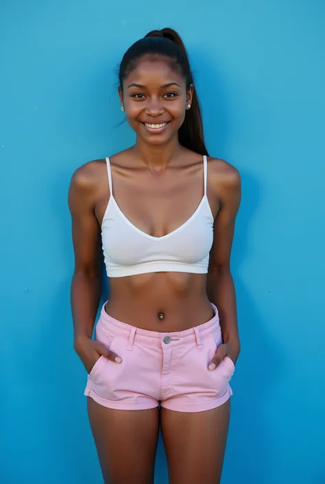 Very realistic innocent high school 18 year old French dark black girl, thick thighs. Blue background, thick thighs, cotton bra and short shorts. petite but pear shape, thick thighs, not fat. Wide hips, not skinny or slim. Very realistic. innocent and youn...