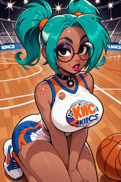 masterpiece, best quality, very aesthetic, absurdres, safe, (masterpiece), 1girl, solo, best quality, expressive eyes, perfect face, newest, perfect anatomy, flawless face, dark skinned African female with pigtails and glasses, multicolored hair, on a bask...