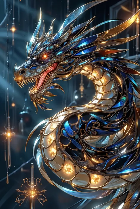 great giant dragon, His entire body is made of millions of swords from all over the world, masterpiece, 8K, ultra-detailed, Photorealistic, HDR, studio lighting, extreme detail, professional, vibrant colors, reptilian, coiling body, sharp fangs, glowing ey...