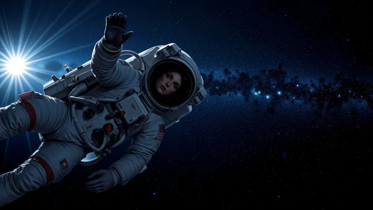 female astronaut in space, beautiful body and face , large , half-naked spacesuit, very breathtaking, beautiful picture , cinematographic, 4k, epic Steven Spielberg movie still, Sharp Focus, Light-emitting diodes, Rauch, Gestelle, System unit, Motherbo...