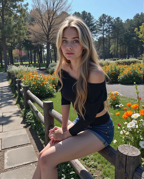 High quality and high definition photo. Young slender nice European woman with nice opened grey eyes, 20 YO. Picture of cute blond woman sitting on a fence with flowers in the background, roseanne park of blackpink, anime girl in real life, lalisa manobal,...