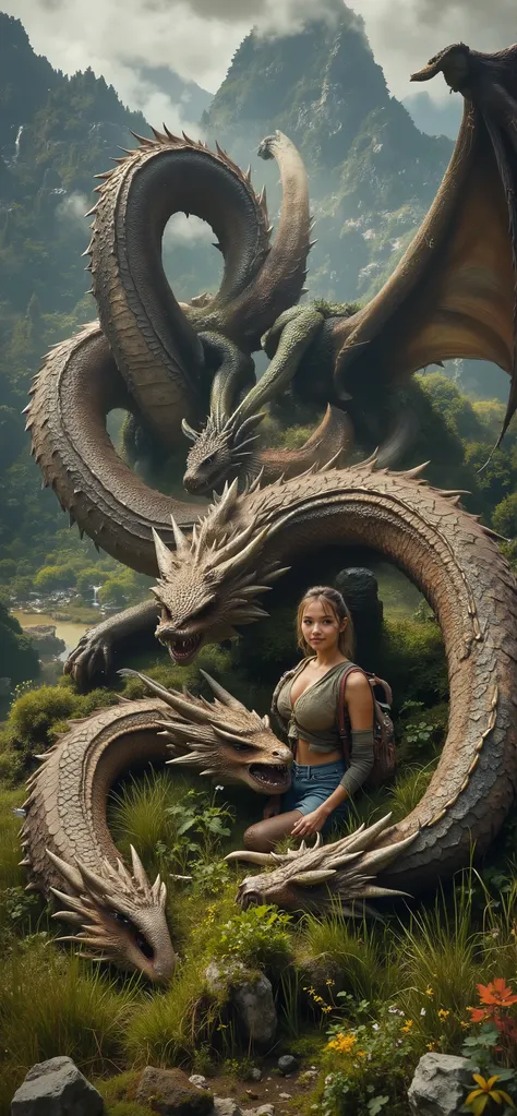 hdr, realism, perkysDr4g0n, background: in a long valley surrounded by mountains forests waterfall lake rocks trees plants. (At the center is a wide grassland with several ferocious wyverns fighting:2). claws tearing at each other. (squatting hiding behind...
