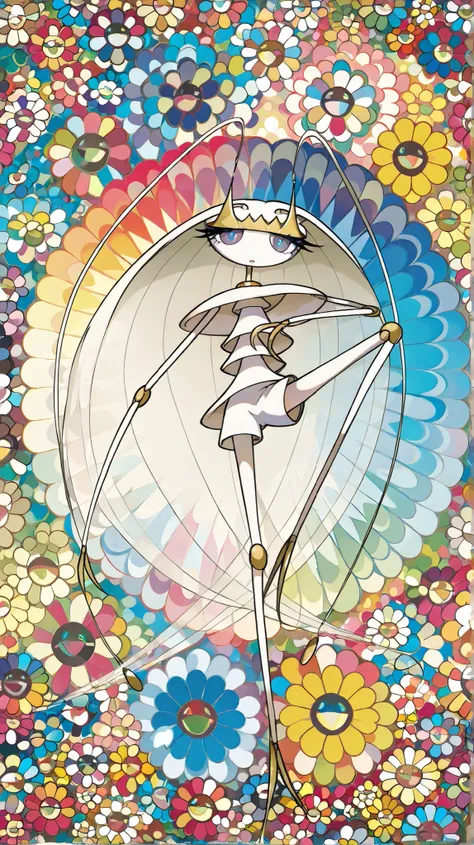 (in style of Takashi Murakami:1.0), beatiful face, feet,best quality,tonemapping, sharp focus, hyper detailed,(pheromosa),best quality,beautiful,pokemon,(2 fingers),(Clear eyes),solo,detaileds,8K,(slender:1.3),wallpaper,jumping kick,(Colorful flowers backg...