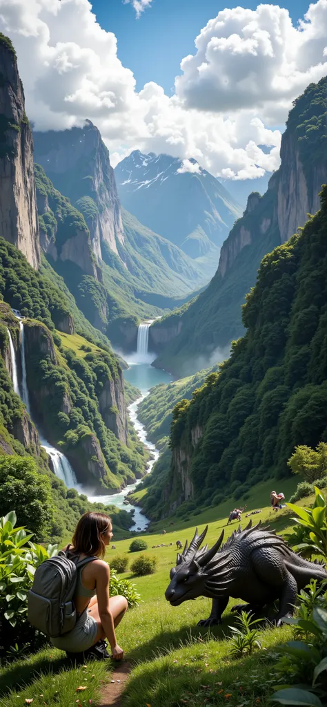 hdr, realism, background: in a long valley surrounded by mountains forests waterfall lake rocks trees plants. (At the center is a wide grassland with ferocious wyverns fighting:2). Hiding behind the bushes is a beautiful supermodel smiling woman wearing dy...