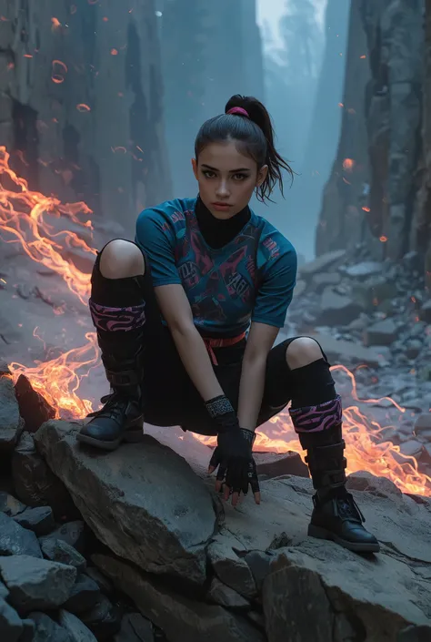 1 beautiful girl, futuristic ninja girl, extraordinarily dynamic action, (Three point landing pose:1.8) , (dynamic pose:1.9) , detailed portrait , realistic facial features , confident expression , muscular figure , heroic stance , cinematic lighting , dr...