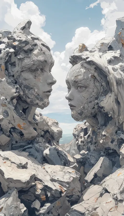 masterpiece, best quality, super res, 完璧な解剖学, female, detailed face, Two large rocks with facial contours、weathered、impressionistic pale blue sky and white clouds、Double image technique、Magritte style、bizarre、dramatic, dynamic, absurd, metaphysics