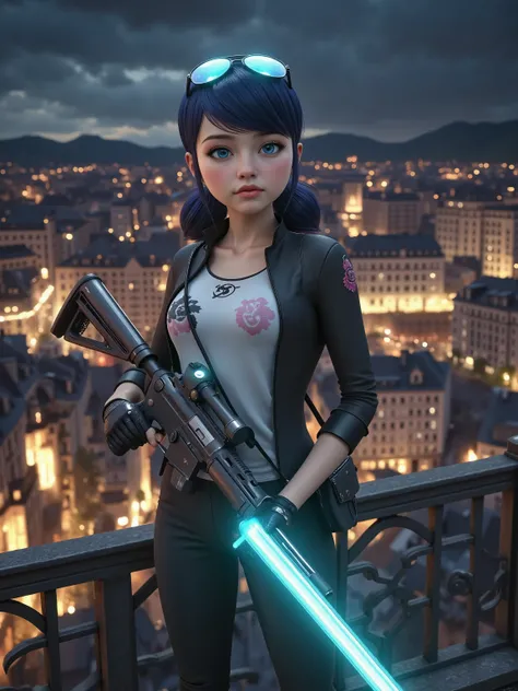 A stunning pretty young lady,  blonde hair, a cyberpunk warrior, thunder Blue eyes, high tech warrior, glowing blue fire eyes, longer hair, pony tail, with glowing rifle with blade, gorgeous lady, full body image, glowing tattoos in her skin, glowing skin,...