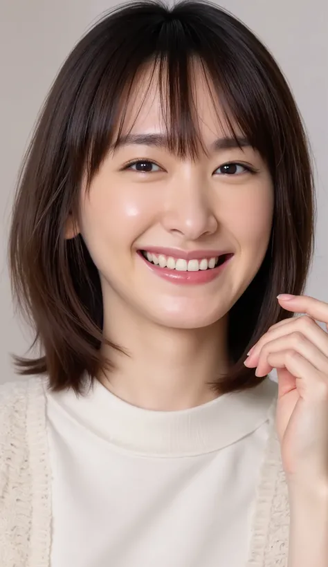  Cute Japanese Girl 。I'm wearing a tight tank top。There is a hole with a diameter of about 20 cm on the chest of the tank top。ブラジャーは付けていないので穴からBoosting Heartbreakがはっきりと見える。(Boosting Heartbreak、Between the breasts:1.taring at the viewer with a big smile。Por...