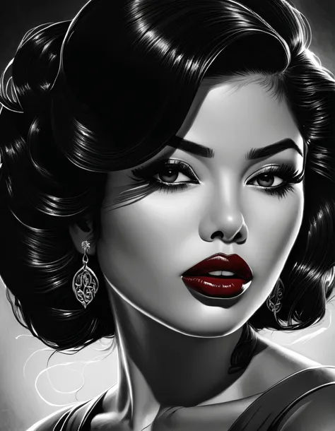 female, fantasy, Beauty, in noir comic art style, realistic hyperdetailed portraits, black and white in shades of gray, Chicano art, dark cherry-red lipstick, realistic, but romantic, Smooth lines