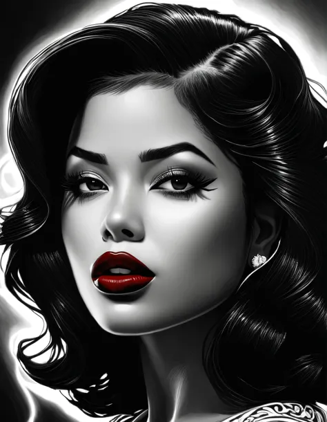 female, fantasy, Beauty, in noir comic art style, realistic hyperdetailed portraits, black and white in shades of gray, Chicano art, dark cherry-red lipstick, realistic, but romantic, Smooth lines