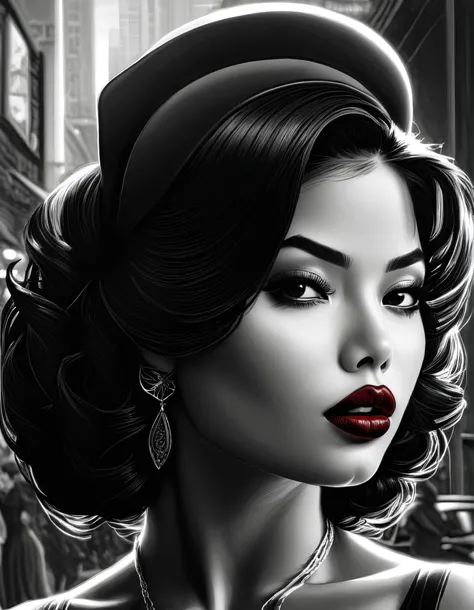 female, fantasy, Beauty, in noir comic art style, realistic hyperdetailed portraits, black and white in shades of gray, Chicano art, dark cherry-red lipstick, realistic, but romantic, Smooth lines