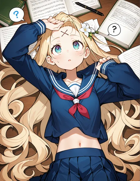 masterpiece,best quality,(toridamono:0.9),1girl,solo,thin,lying,arms up,x on forehead,pleated skirt,looking up,book,pen,open book,paper,blush,sweatdrop,spoken question mark,sailor collar,long sleeves,very long hair,navel,curly hair,hair flower,forehead,ele...