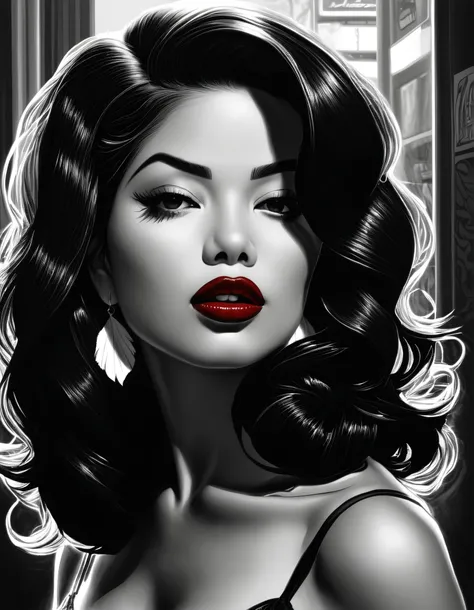 female, fantasy, Beauty, in noir comic art style, realistic hyperdetailed portraits, black and white in shades of gray, Chicano art, dark cherry-red lipstick, realistic, but romantic, Smooth lines