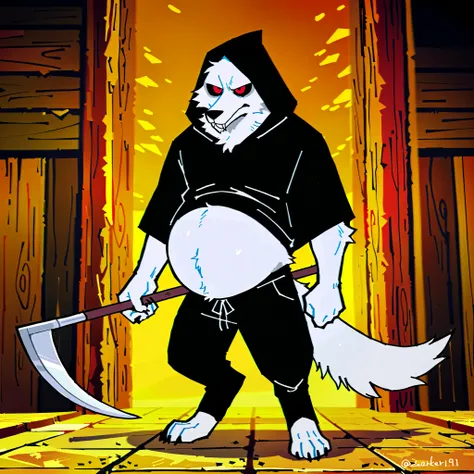 ((best quality, high res, perfect scenario)), Death Wolf, 1male, solo, detailed eyes, white fur, tail, big belly, sadic face, red eyes, black sclera, skinny muscle, black hood, black pants , in the village, holding a two short scythes, by K0BIT0WANI, by Za...