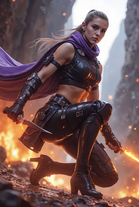 masterpiece , best quality , amazing quality , very aesthetic , newest , 1girl, futuristic ninja girl, dynamic action,  (Three point landing pose:1.8) , (dynamic pose:1.9) , detailed portrait , realistic facial features , confident expression , muscular fi...