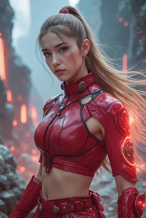 masterpiece , best quality , amazing quality , very aesthetic , newest , 1girl, futuristic ninja girl, dynamic action,  (Three point landing pose:1.8) , (dynamic pose:1.9) , detailed portrait , realistic facial features , confident expression , muscular fi...