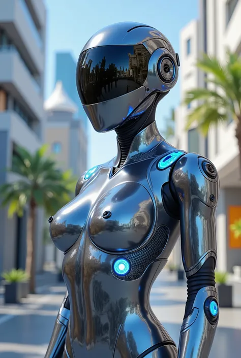 Create multiple images of this AI character in different locations with different outfits and outfits
