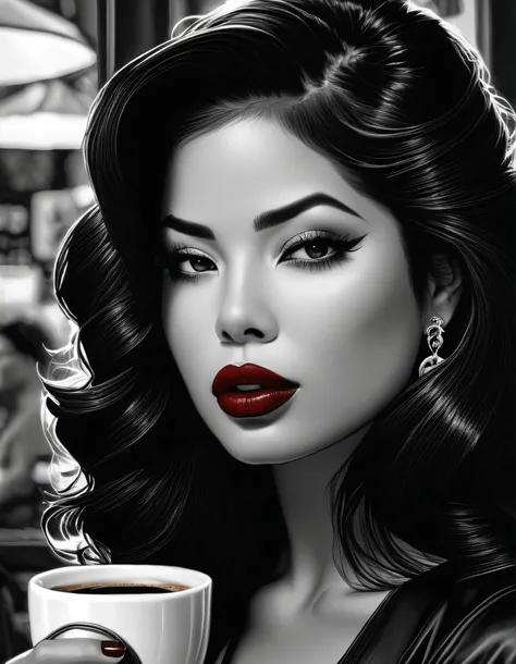 female, fantasy, Beauty, in noir comic art style, realistic hyperdetailed portraits, black and white in shades of gray, Chicano art, dark cherry-red lipstick, realistic, but romantic, Smooth lines , half of the body, coffee
