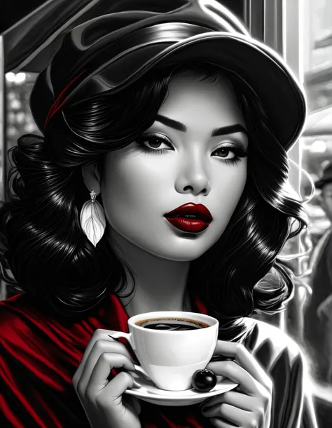 female, fantasy, Beauty, in noir comic art style, realistic hyperdetailed portraits, black and white in shades of gray, Chicano art, dark cherry-red lipstick, realistic, but romantic, Smooth lines , half of the body, coffee