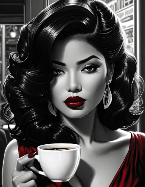 female, fantasy, Beauty, in noir comic art style, realistic hyperdetailed portraits, black and white in shades of gray, Chicano art, dark cherry-red lipstick, realistic, but romantic, Smooth lines , half of the body, coffee