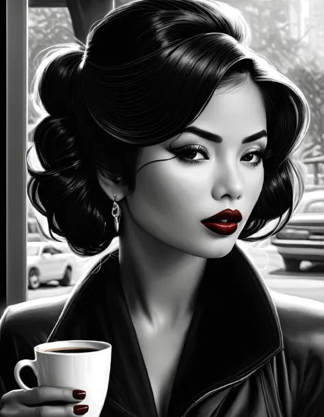 female, fantasy, Beauty, in noir comic art style, realistic hyperdetailed portraits, black and white in shades of gray, Chicano art, dark cherry-red lipstick, realistic, but romantic, Smooth lines , half of the body, coffee