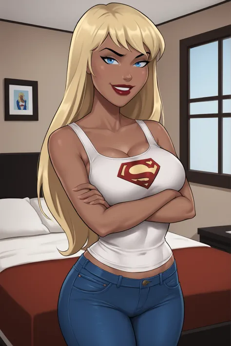 PonyXLV6_Scores BREAK ((parody), perfect anatomy, perfect eyes, cowboy shot) BREAK kara zor-el, long hair, blonde hair, blue eyes, dark-skinned female, lipstick, red lips, ((looking at viewer)), superhero, white tank top, blue jeans, large breasts, curvy, ...