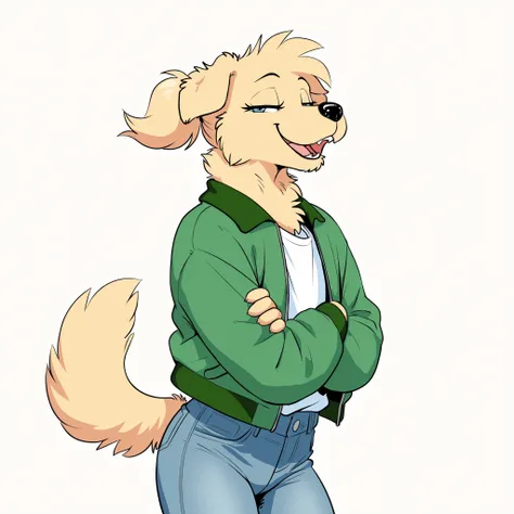 masterpiece, best quality, amazing quality, anthro golden retriever, 1girl, solo, simple background, pastel colours, wind, spring, young, eyelashes, blue eyes, fur, looking at viewer, very short hair, fluffy neck, fluffy chest, baggy white t-shirt, arms cr...
