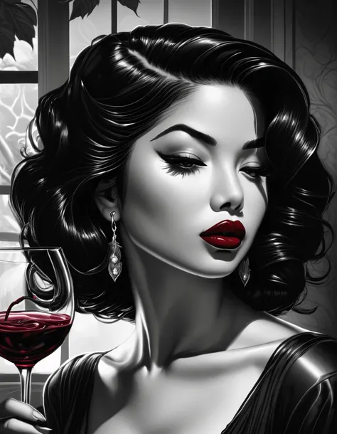 female, fantasy, Beauty, in noir comic art style, realistic hyperdetailed portraits, black and white in shades of gray, Chicano art, dark cherry-red lipstick, realistic, but romantic, Smooth lines , half of the body, a glass of cherry wine