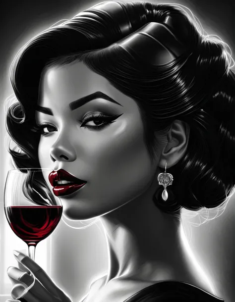 female, fantasy, Beauty, in noir comic art style, realistic hyperdetailed portraits, black and white in shades of gray, Chicano art, dark cherry-red lipstick, realistic, but romantic, Smooth lines , half of the body, a glass of cherry wine