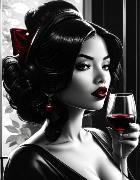 female, fantasy, Beauty, in noir comic art style, realistic hyperdetailed portraits, black and white in shades of gray, Chicano art, dark cherry-red lipstick, realistic, but romantic, Smooth lines , half of the body, a glass of cherry wine