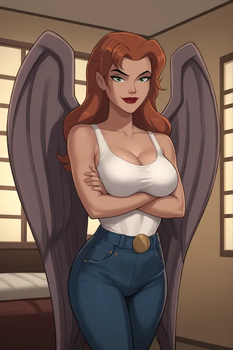 safe_pos, PonyXLV6_Scores BREAK ((retro artstyle, parody)), perfect anatomy, cowboy shot) shayera hol, wings, long hair, green eyes, ((looking at viewer)), superhero, white leather jacket, white tank top, black jeans, bedroom, curvy, athletic, large breast...