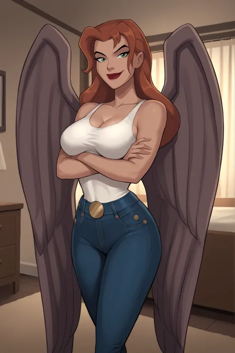 safe_pos, PonyXLV6_Scores BREAK ((retro artstyle, parody)), perfect anatomy, cowboy shot) shayera hol, wings, long hair, green eyes, ((looking at viewer)), superhero, white leather jacket, white tank top, black jeans, bedroom, curvy, athletic, large breast...