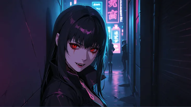 vampire cyberpunk woman of darknees in night city against wall with neon triangle behind her dark horror dark